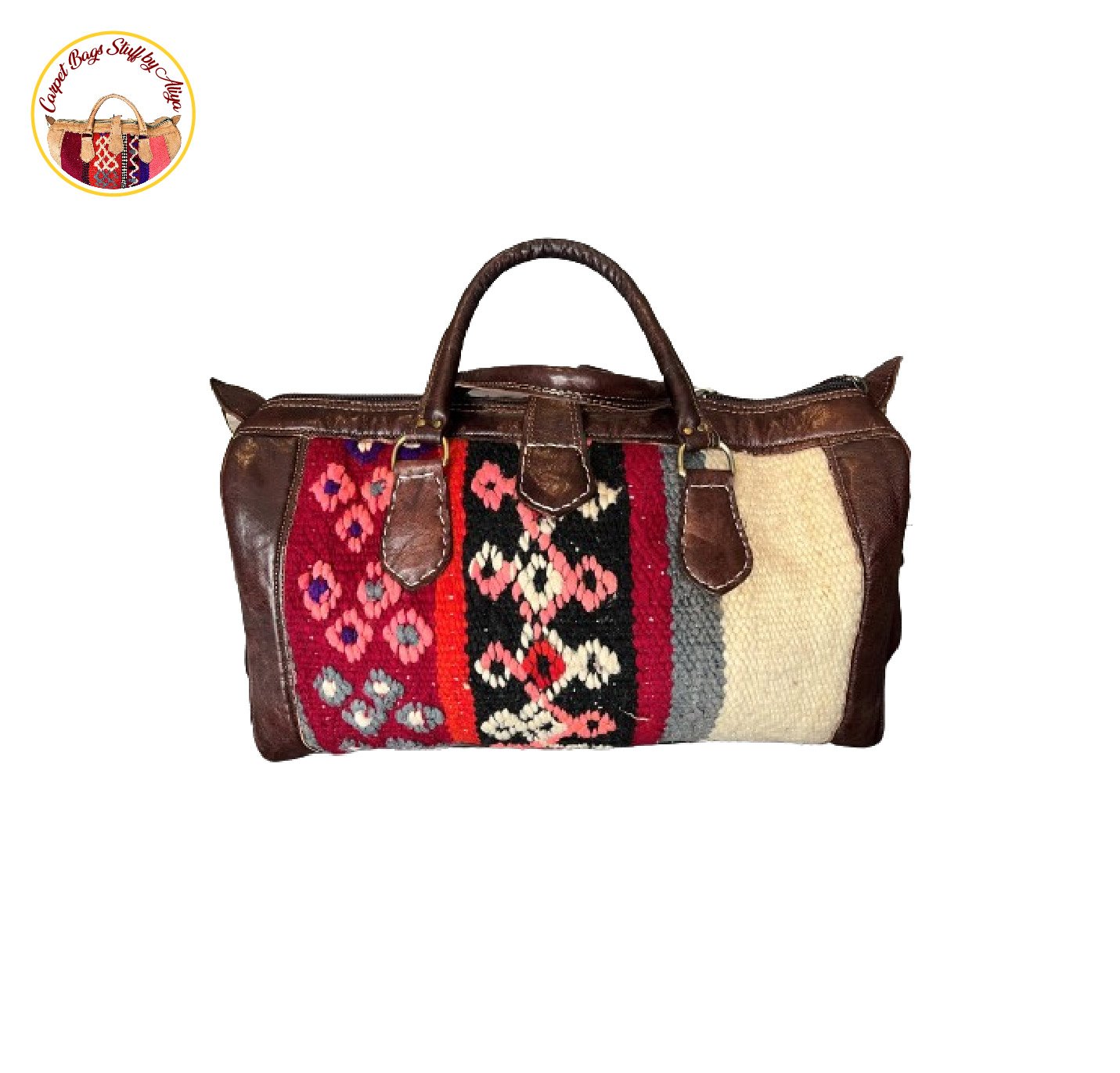 Kashmir-inspired carpet bag featuring colorful floral patterns in shades of red, blue, and yellow, set against a neutral background.